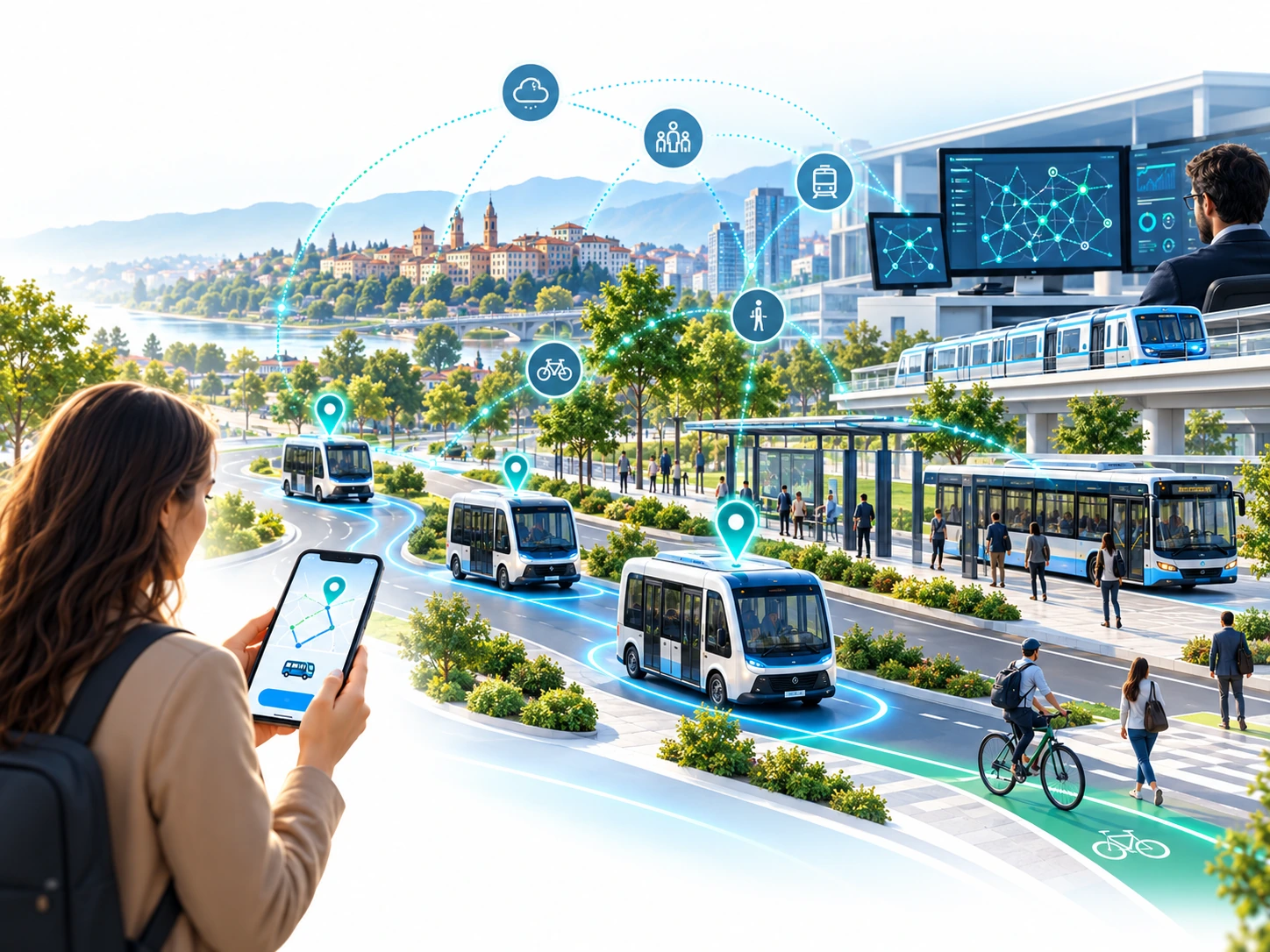 Illustrazione di mobilità connessa: cittadini, trasporto a chiamata, trasporto pubblico e strumenti digitali di gestione.